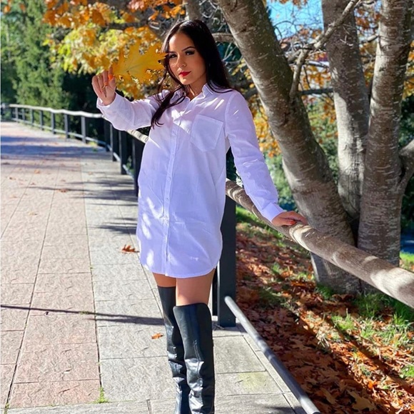 Long Sleeve V Neck Pocket Shirt Dress Tunic Top Casual Solid Charade Button Down - Picture 2 of 9